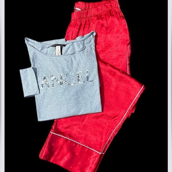 Victorias Secret Silky Satin thick pants & soft bling Angel top pajama set red L - Picture 8 of 13